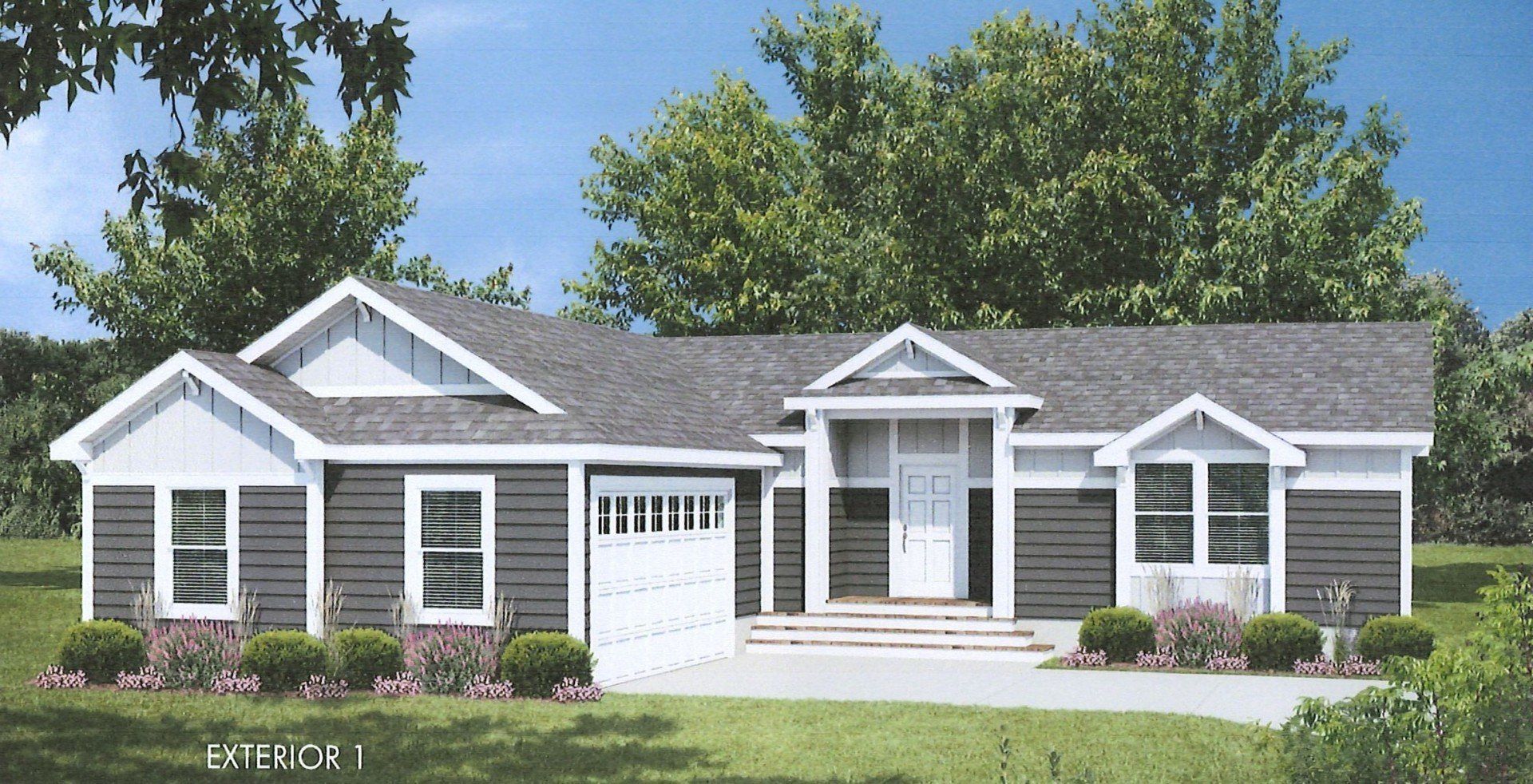 Perpetual Homes ADU: Exterior view of a ranch-style house with gray siding, white trim, and a small garage door.