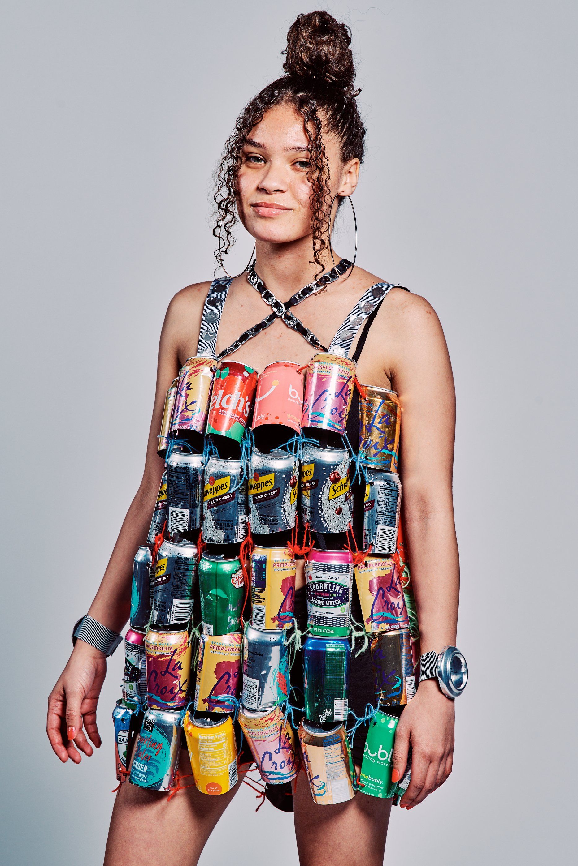 Model in hand-made garment at the 2019 Sustainable Fashion Show at New Design High School