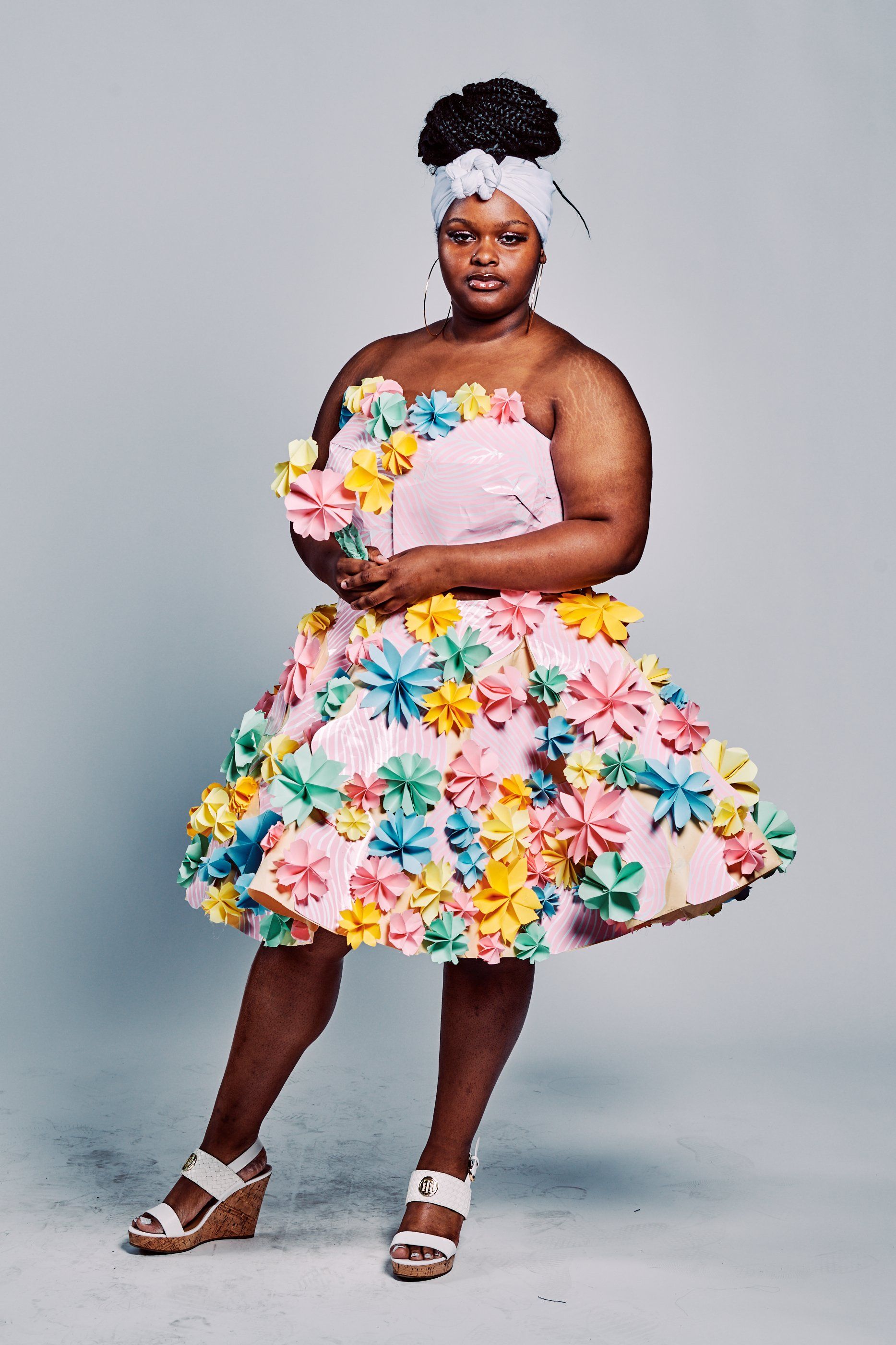Model in hand-made garment at the 2019 Sustainable Fashion Show at New Design High School
