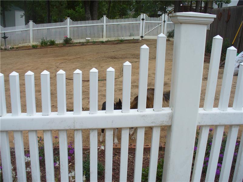 close up of white vinyl picket fence