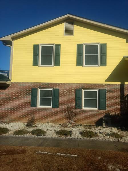 4 single windows 2 upper and 2 lower on side of house with green shutters