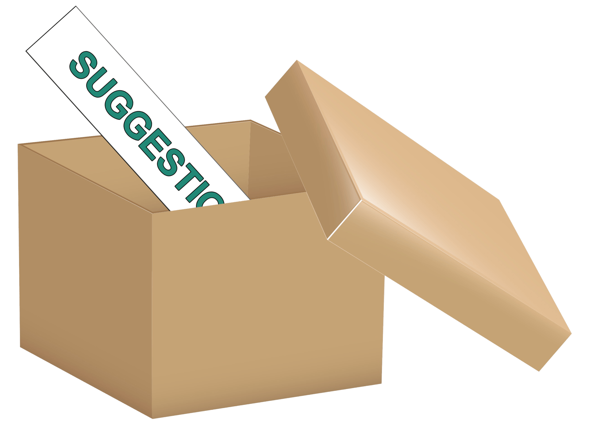 a cardboard box with a suggestion sticking out of it