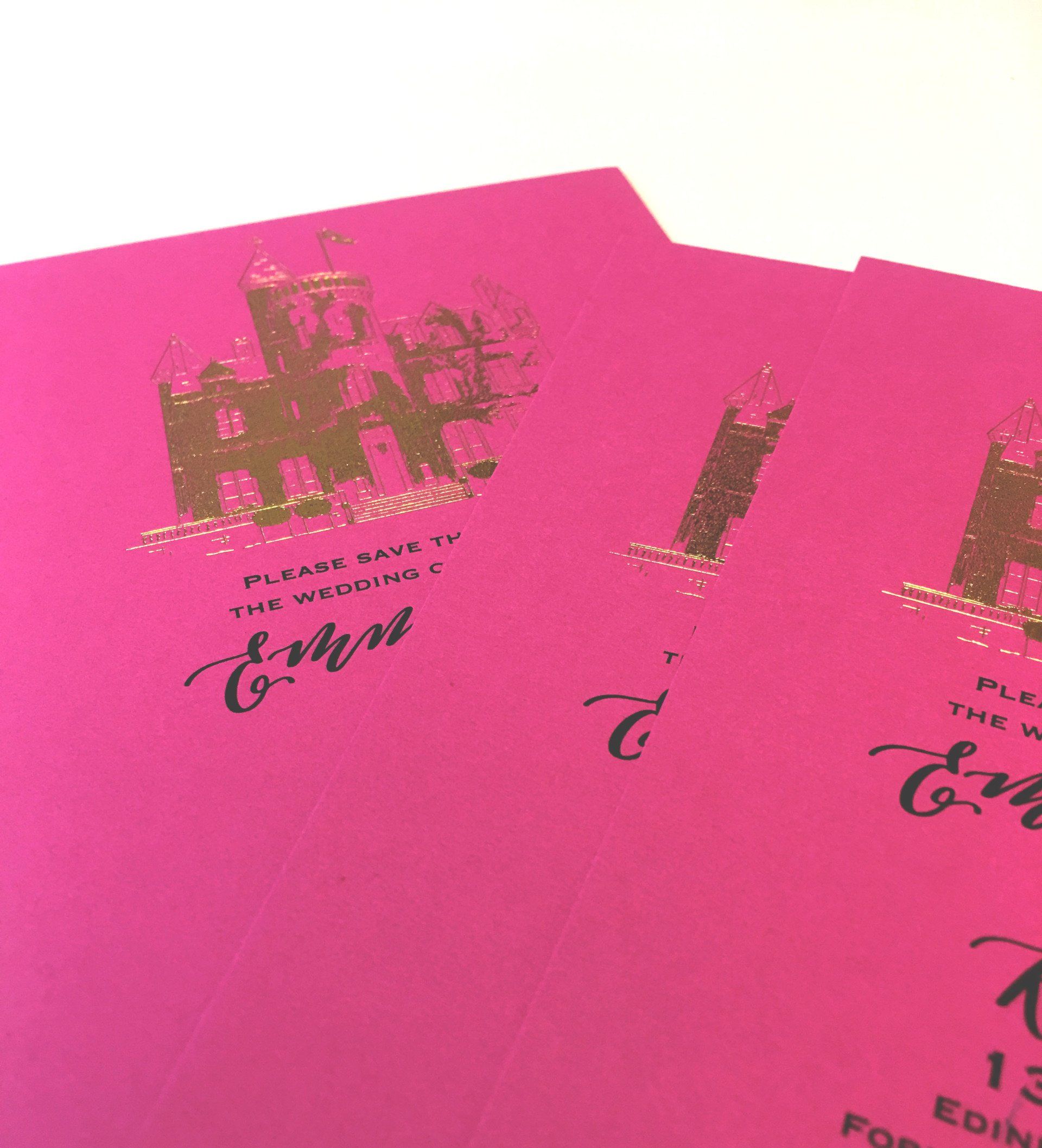 Gold foiled castle on pink paper