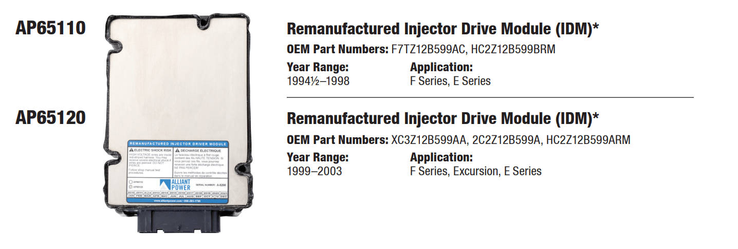 A product list showing two remanufactured Injector Driver Modules (IDM) for Navistar engines with part and application info.
