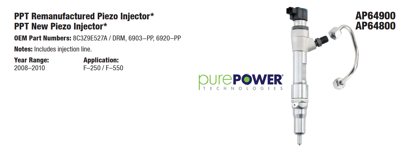 PurePower Technologies piezo fuel injector with line, part numbers AF64900 and AF64800 for 2008-2014 Ford 6.4L engines.