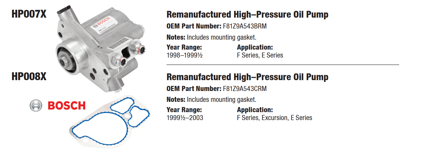 Two Bosch remanufactured high-pressure oil pumps with part numbers, year ranges, and application details listed.