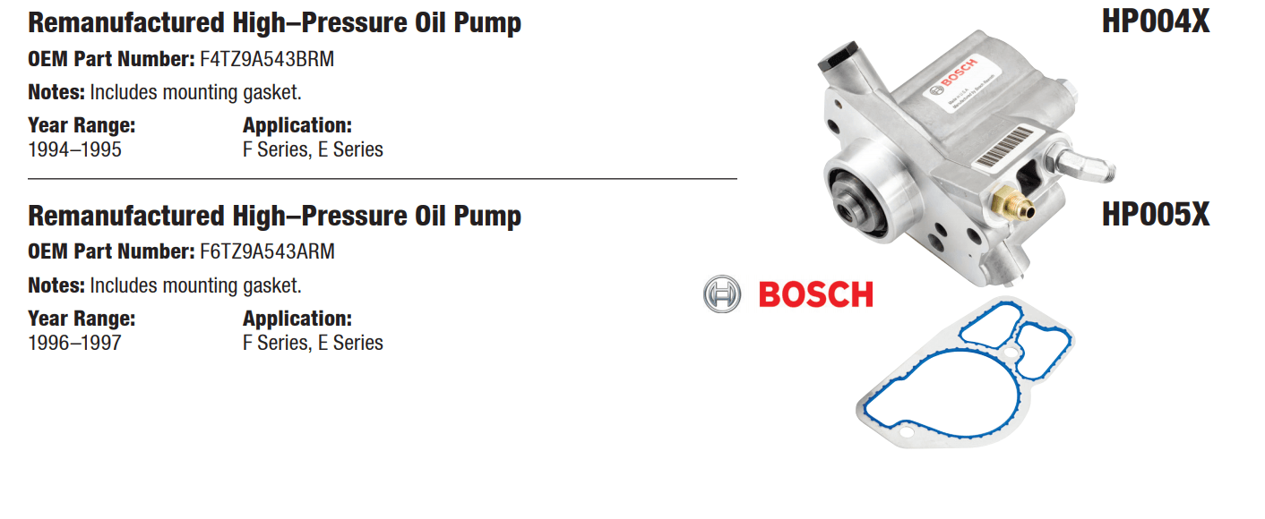 Bosch remanufactured high-pressure oil pumps for Ford F-Series and E-Series (1994-2003) with included mounting gasket.