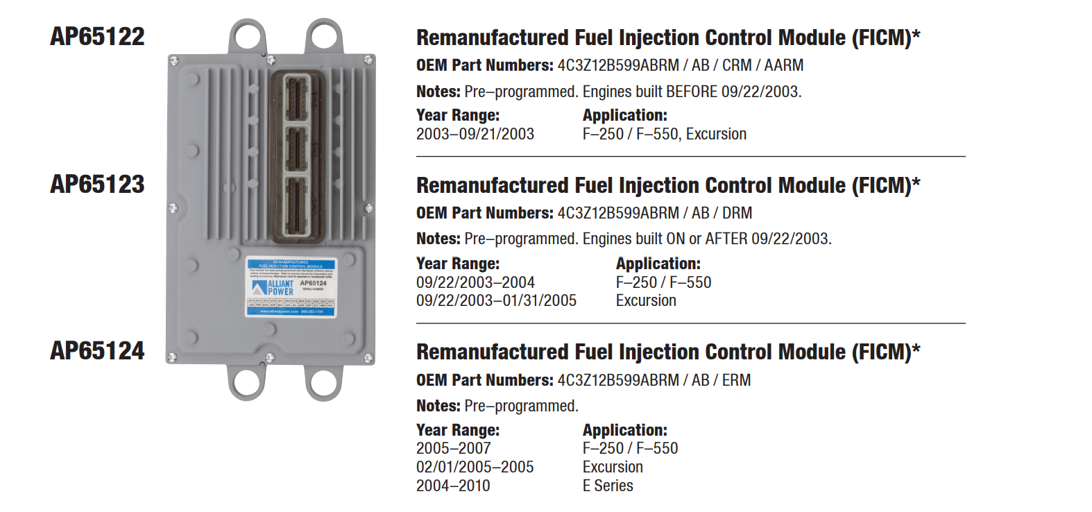 Three remanufactured Fuel Injection Control Modules (FICM) listed with part numbers, years, and vehicle applications.