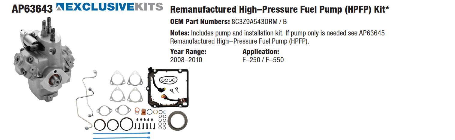 A high-pressure fuel pump kit featuring a metal pump, gaskets, O-rings, and hardware for 2008-2010 Ford F-Series trucks.