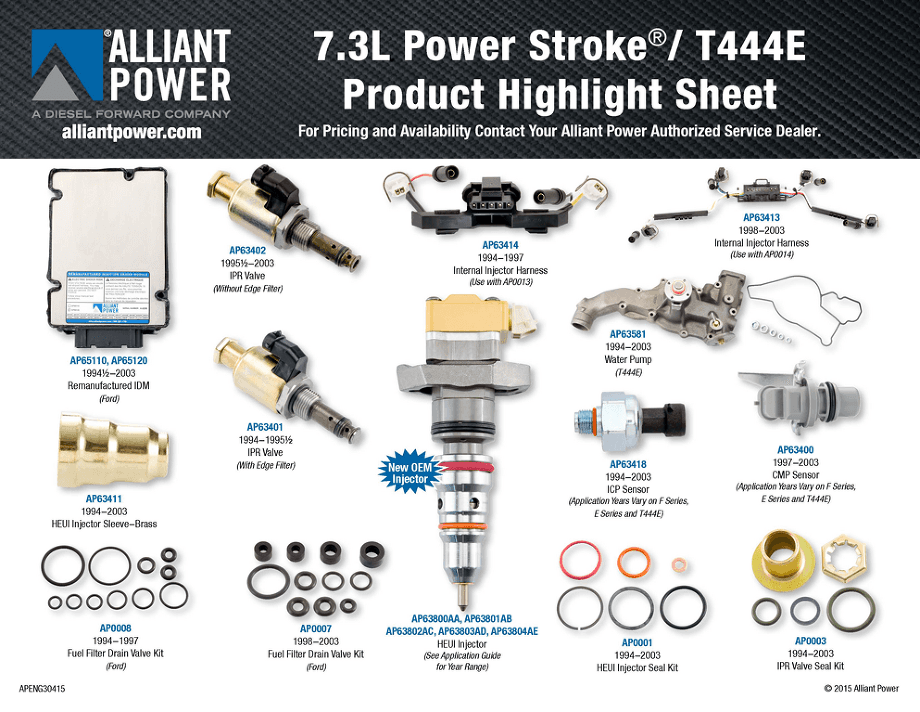 Alliant Power product highlight sheet for 7.3L Power Stroke and T444E engine parts, including injectors and sensors.