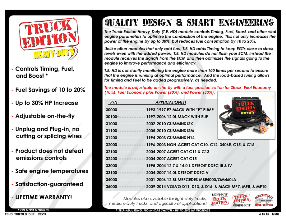 Product brochure for a Truck Edition heavy-duty engine performance module, listing benefits, features, and applications.