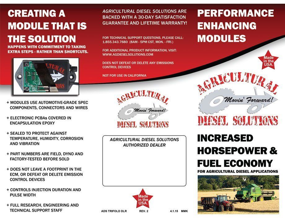 A brochure for Agricultural Diesel Solutions promoting performance-enhancing modules for agricultural equipment.