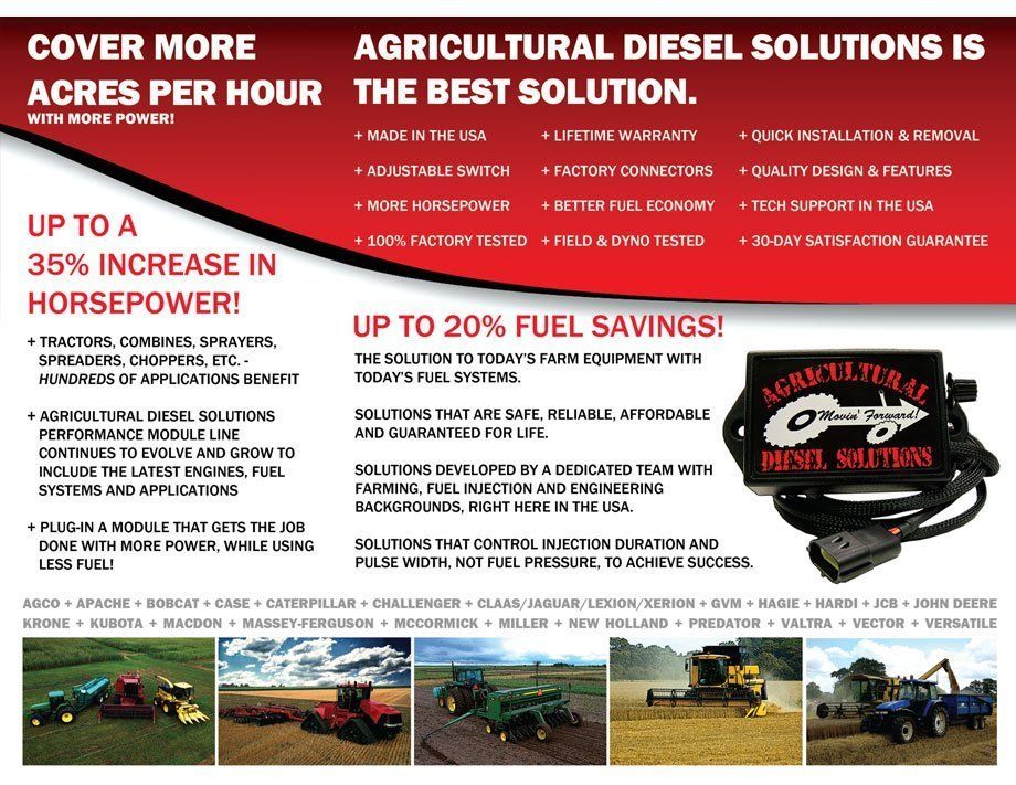 Promotional flyer for Agricultural Diesel Solutions, highlighting performance modules for farm equipment with tractor photos.