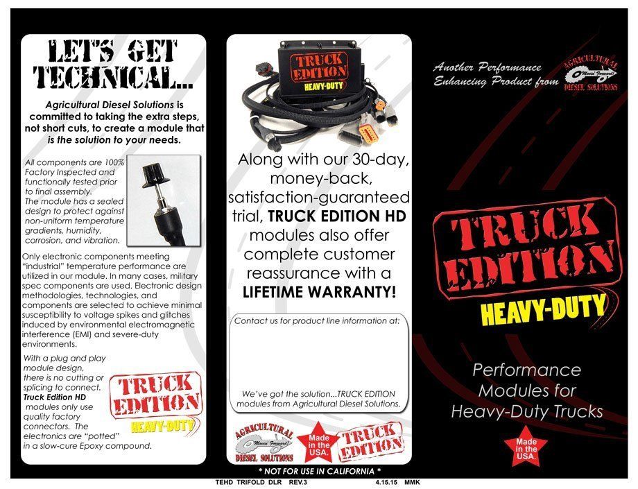 Promotional brochure for Truck Edition Heavy-Duty performance modules, highlighting their durability and lifetime warranty.