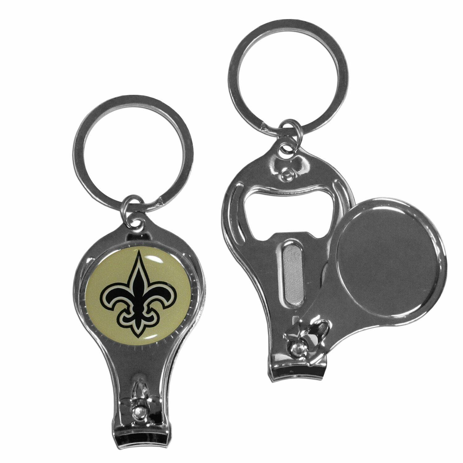 A key chain with a nail clipper and a bottle opener attached to it