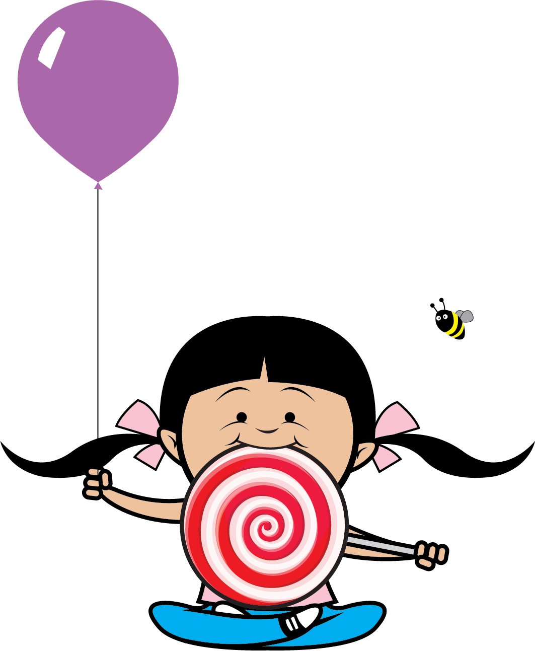 Little girl eating a sucker and holding a purple balloon