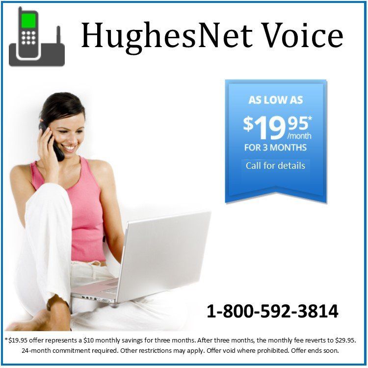 Woman using HughesNet Voice on a laptop with a phone; promotion: $19.95/month for 3 months. Call 1-800-592-3814.