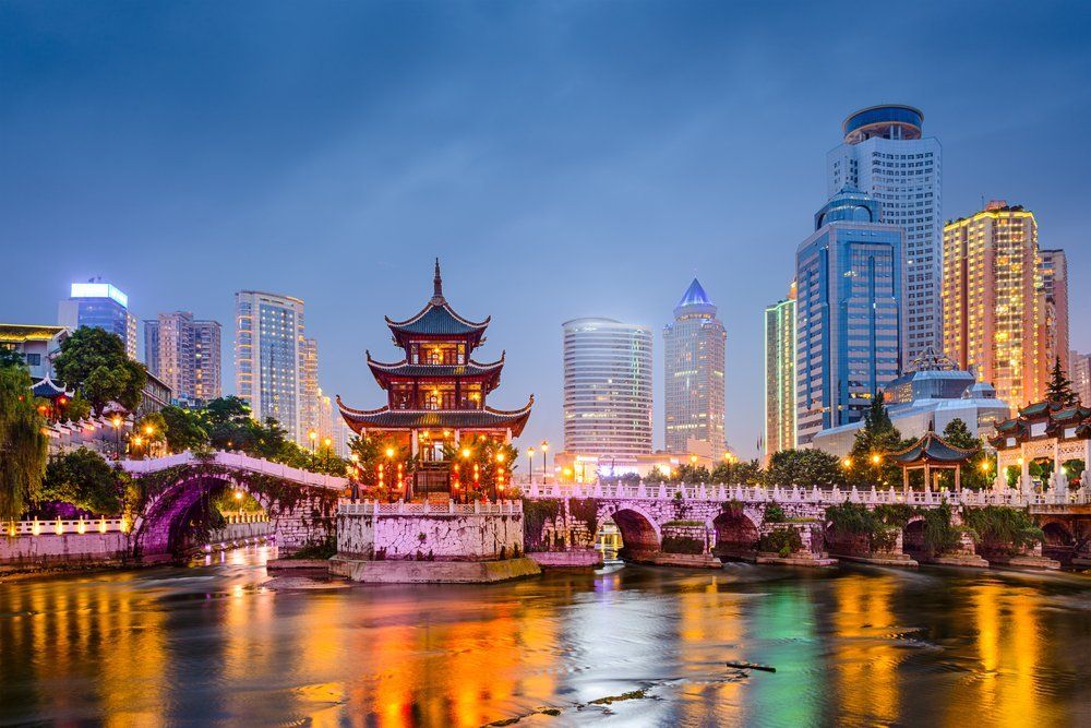 Guiyang, China skyline at Jiaxiu Pavilion on the Nanming River