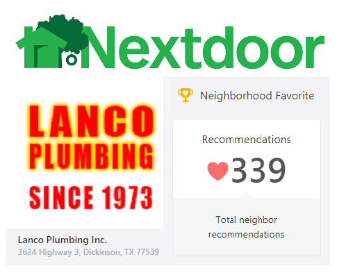 Voted #1 League City Plumber on Nextdoor in many multiple local neighborhoods.
