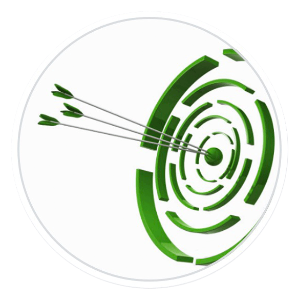 Grüne Zielscheibe mit Pfeilen, die in die Mitte treffen, innerhalb eines weißen Kreises.
