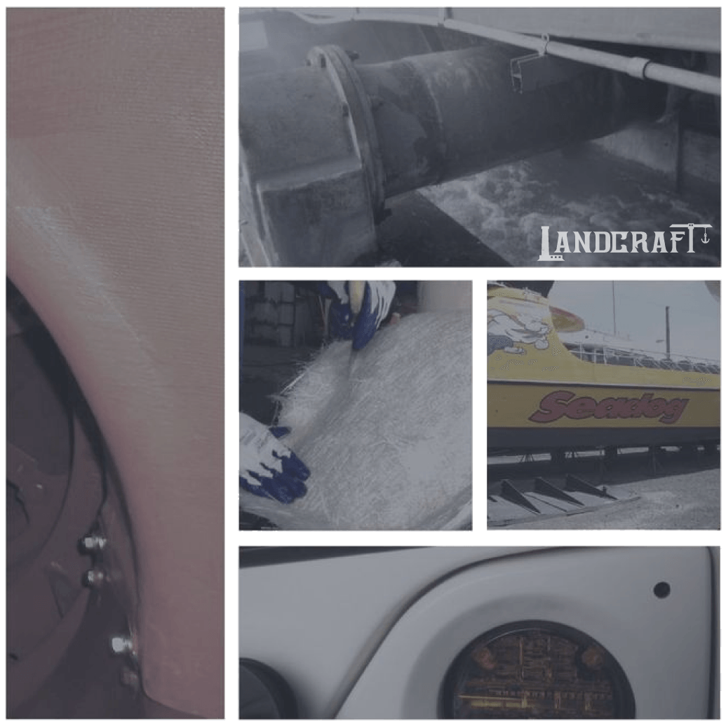 Fiberglass work collage including pipe repair shroud repair commercial boat repair and bus repair
