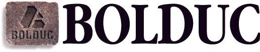 Logo avec le texte « BOLDUC » et un carré gris texturé avec un symbole « A » abstrait.