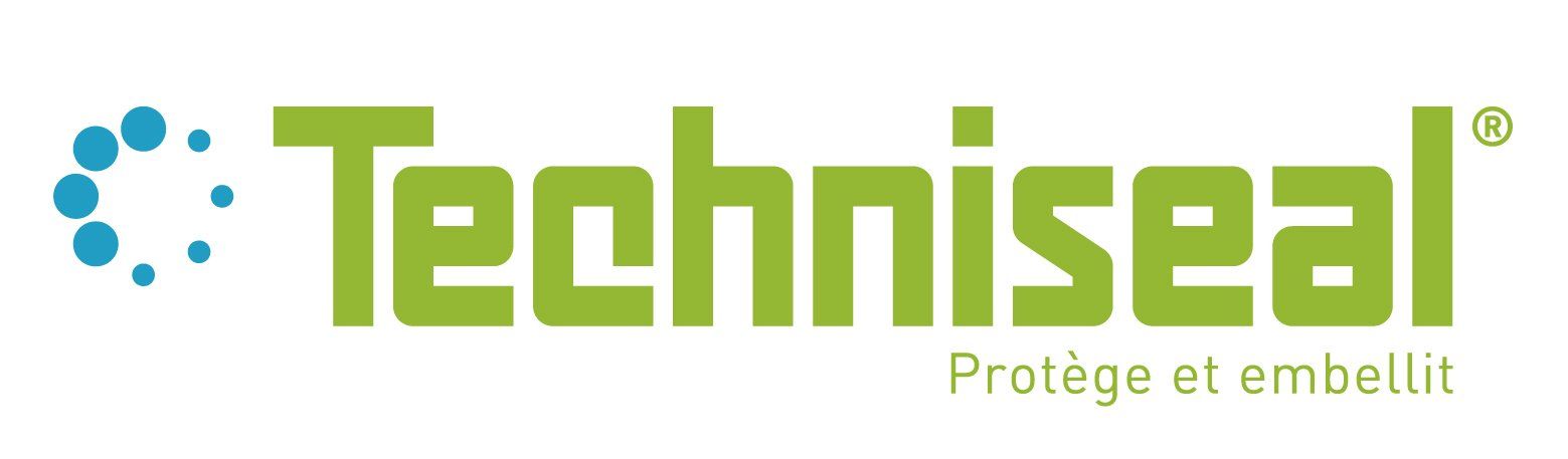 Logo Techniseal : texte vert avec un motif à points bleus, le slogan se lit « Protège et embellit ».