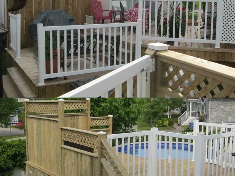 Ensemble de terrasses extérieures avec diverses balustrades blanches et en bois.