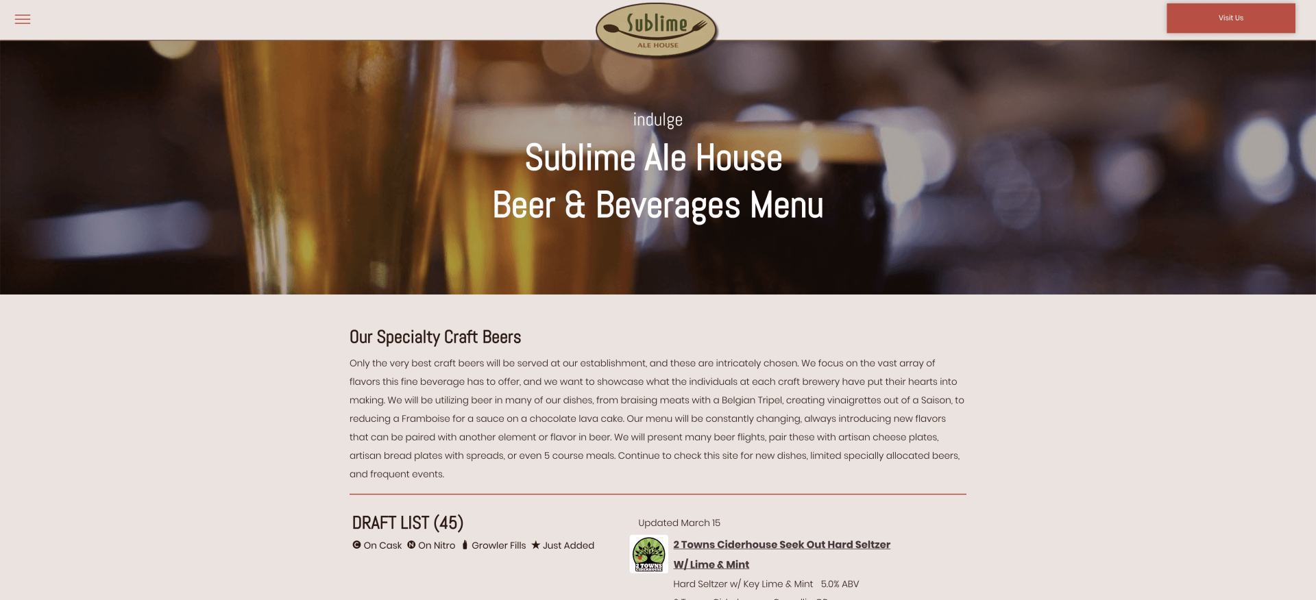 A screenshot of a website that says beer & beverages menu