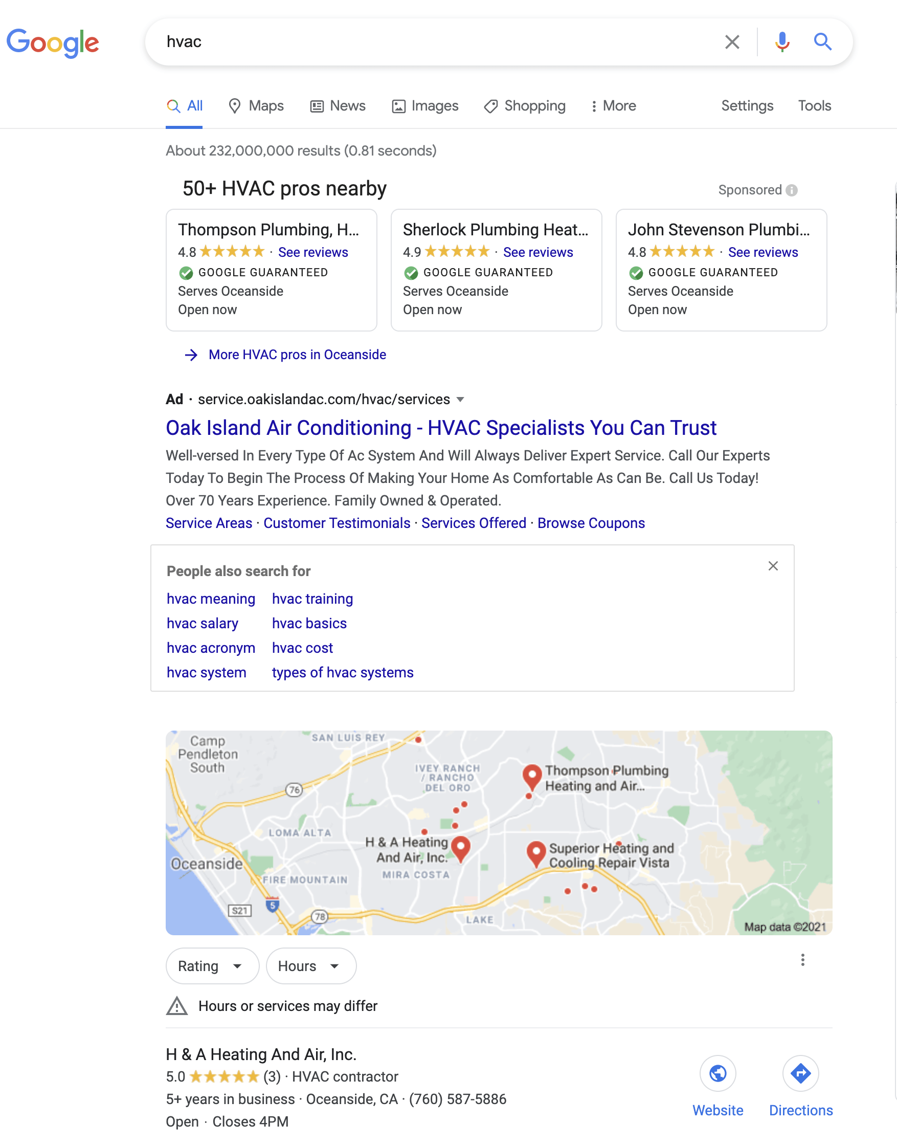A screenshot of a google search page showing a map