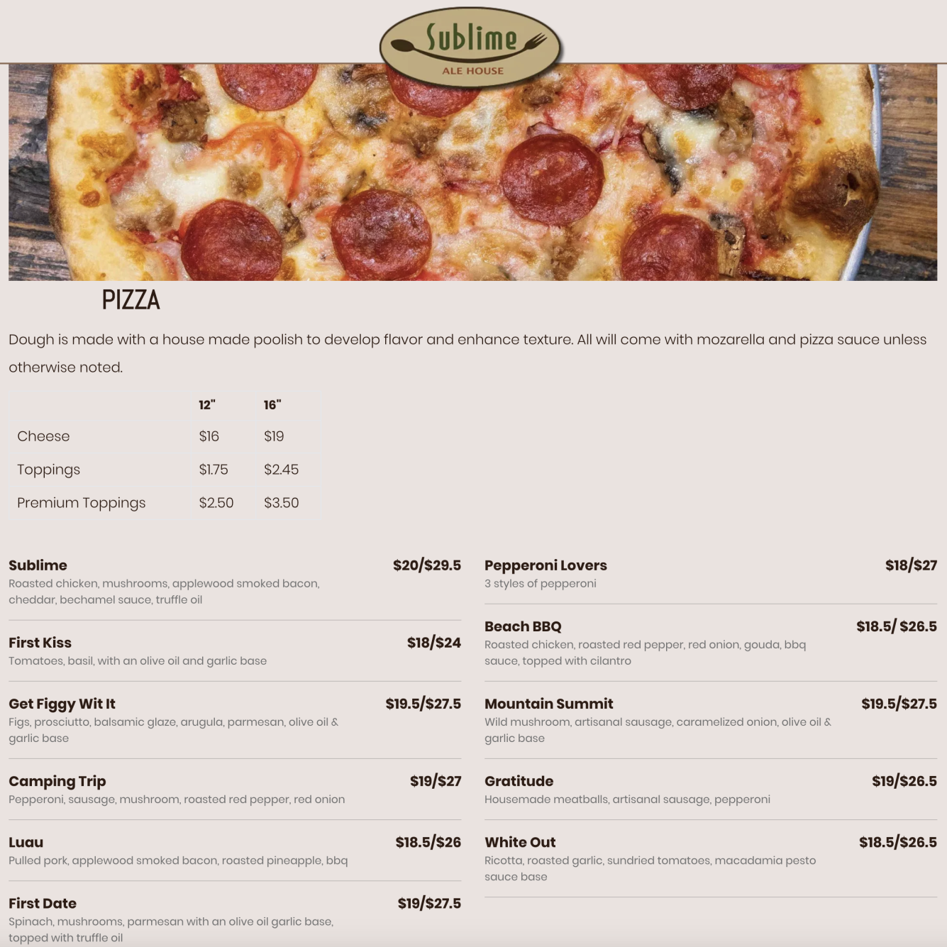 A menu for a restaurant called sublime pizza