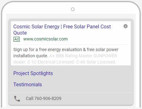 A phone screen shows an ad for cosmic solar energy