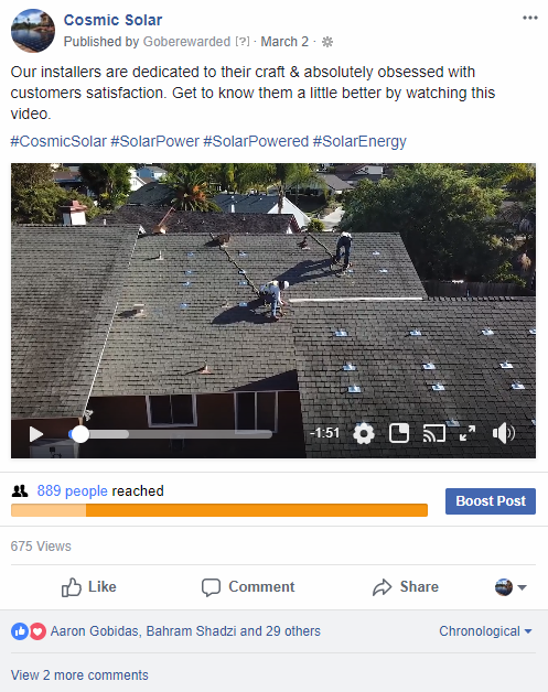 A facebook post from cosmic solar shows a video of people installing solar panels on a roof
