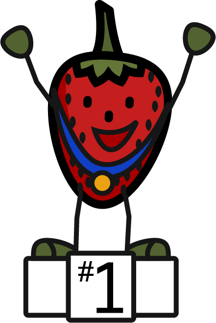 A cartoon strawberry is sitting on a podium with the number 1 on it