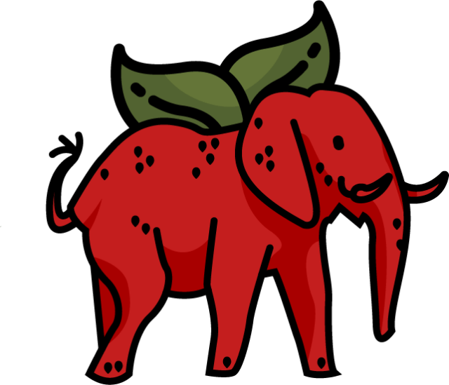 A red elephant with a green leaf on its back