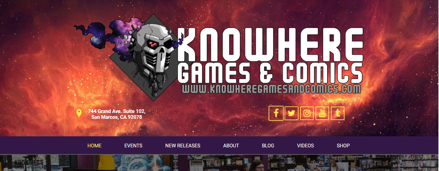 A banner for knowhere games and comics with a skull on it