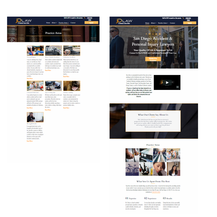 Two screenshots of a website for a personal injury lawyer
