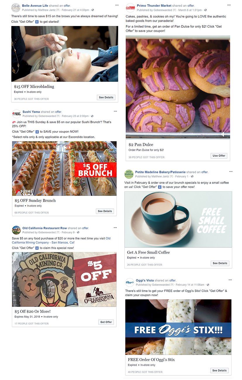 A collage of facebook posts including one that says free small coffee