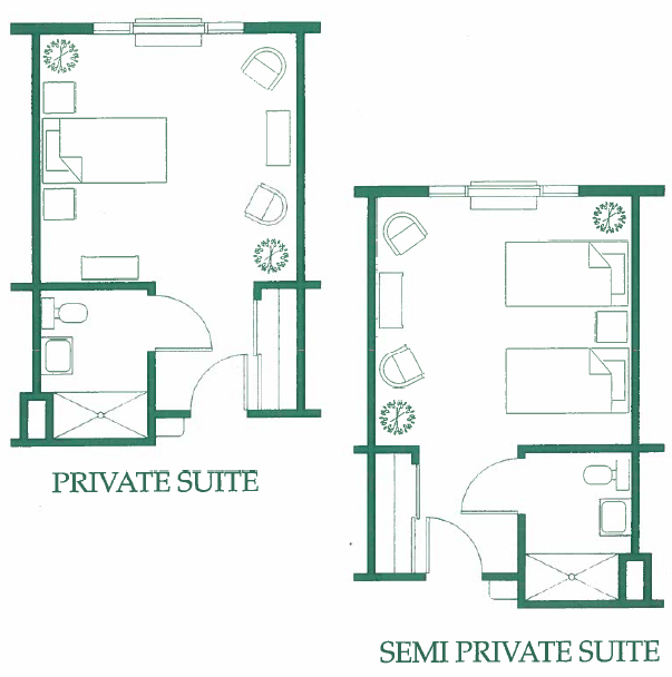 Floor plans of a private suite and a semi-private suite in green lines, showing furniture layout and bathroom details.