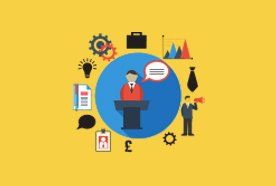 Desk, lightbulb and briefcase graphic
