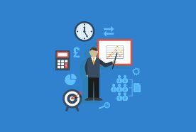 Man with wall chart and target graphic
