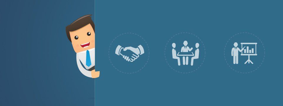 A cartoon man peering round a wall that shows graphics of a handshake, people sitting at a desk, and a man with a flip chart