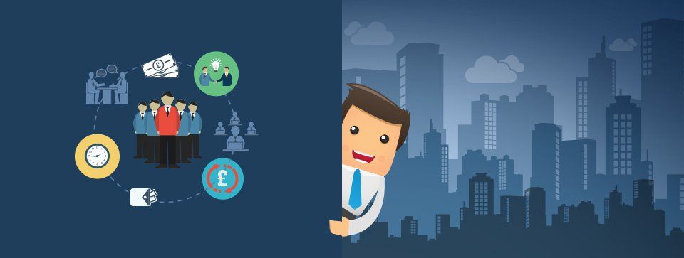 A cartoon man against a city skyline background, holding a circle chart showing people and money