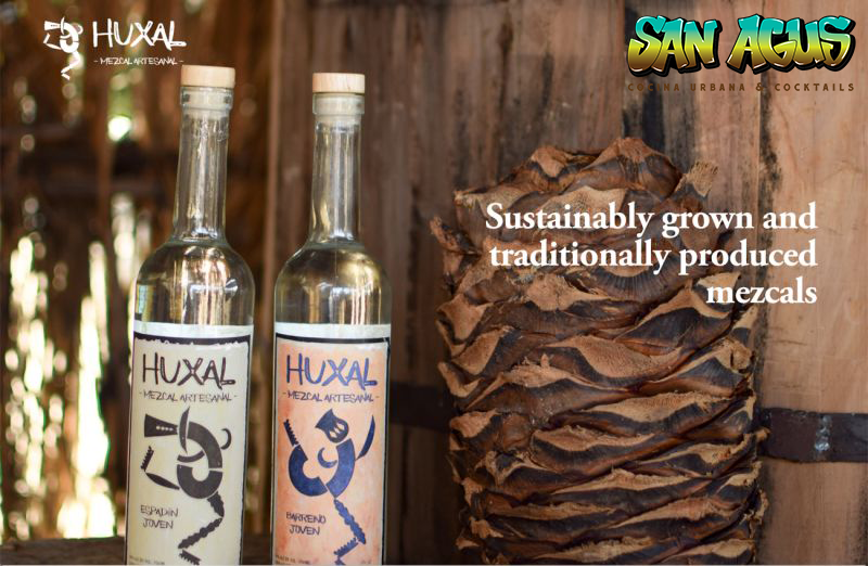 Two bottles of huxal mezcals are sitting next to each other