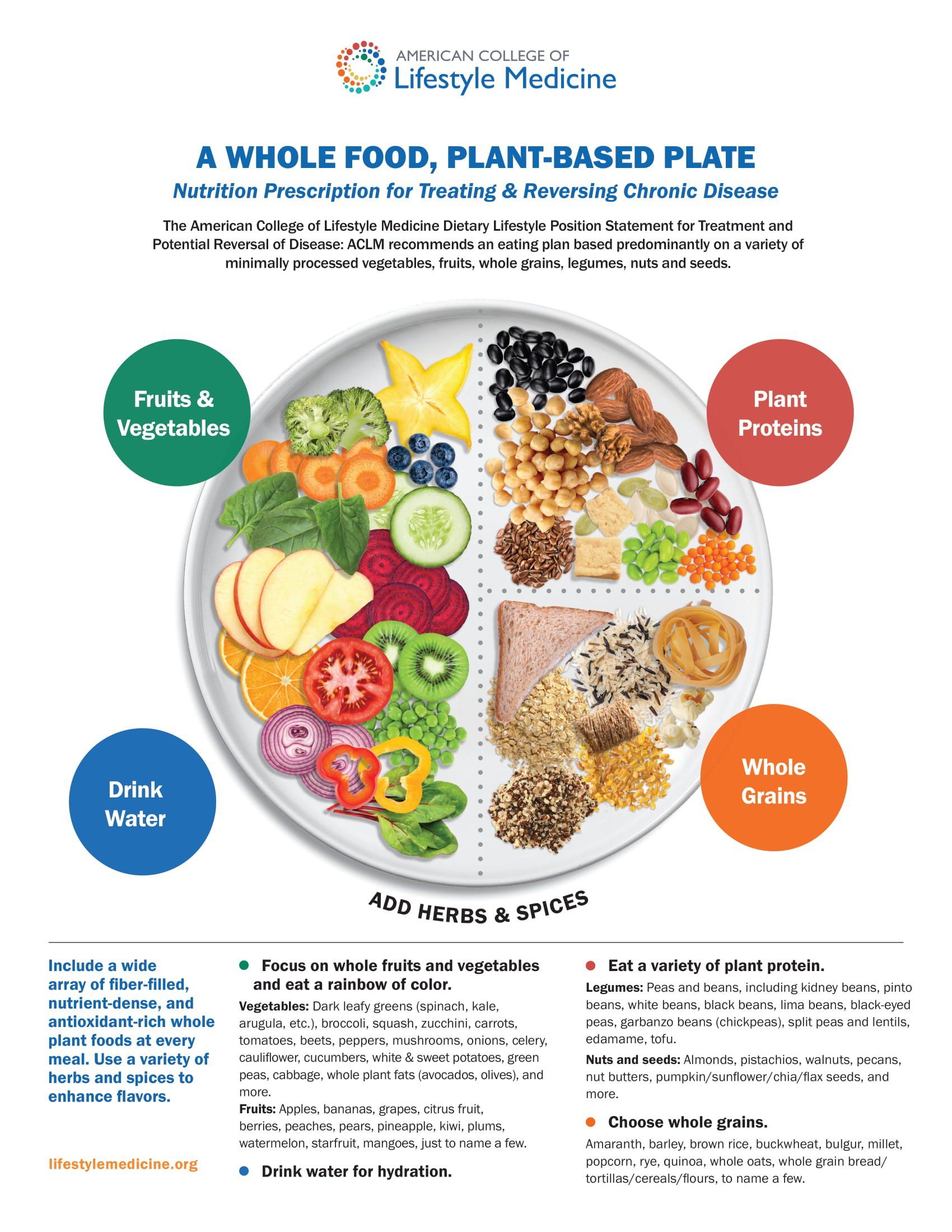 Diagram of a plant-based plate divided into fruits & vegetables, plant proteins, whole grains, and starchy vegetables.