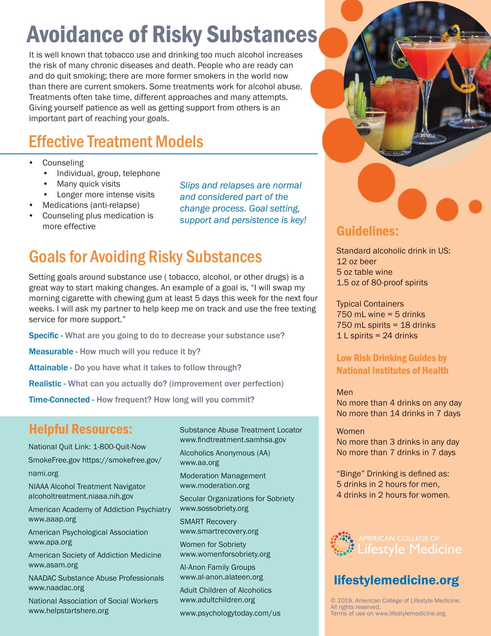 Infographic: guidance on avoiding risky substances, with cocktail photos and treatment information.