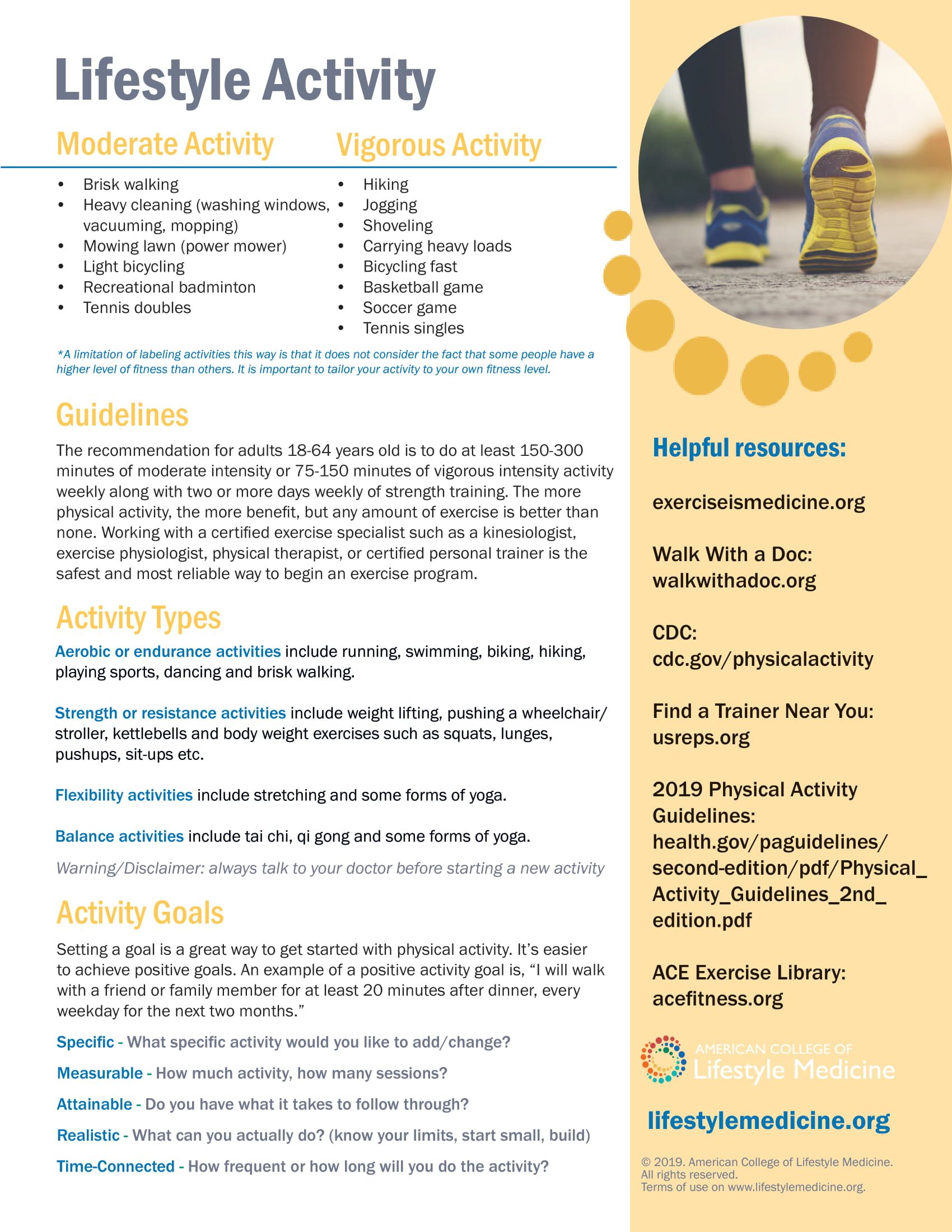 Lifestyle Activity infographic with walking image. Text lists activity examples and tips for setting goals.