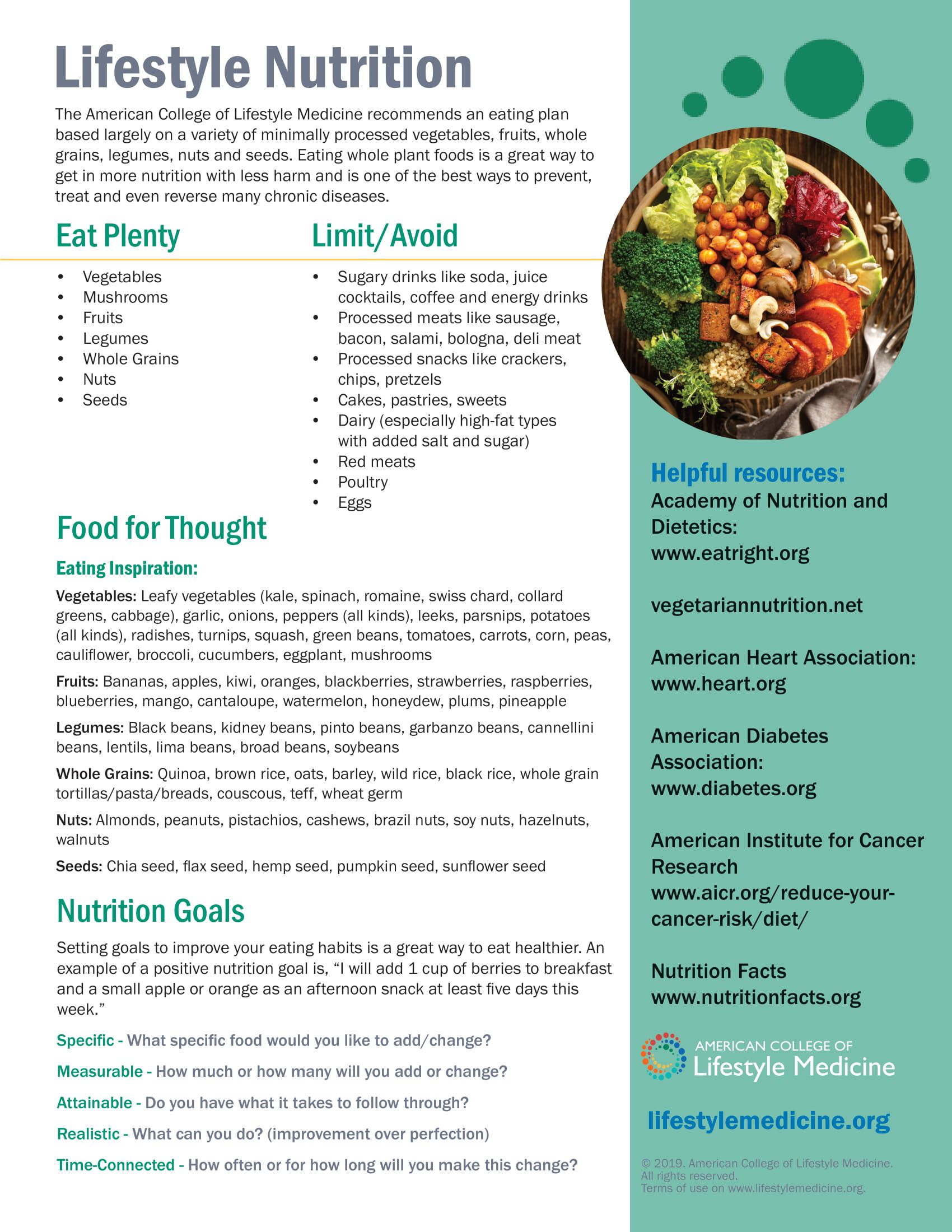 Lifestyle nutrition guide. Includes food lists, nutrition goals, and resources.