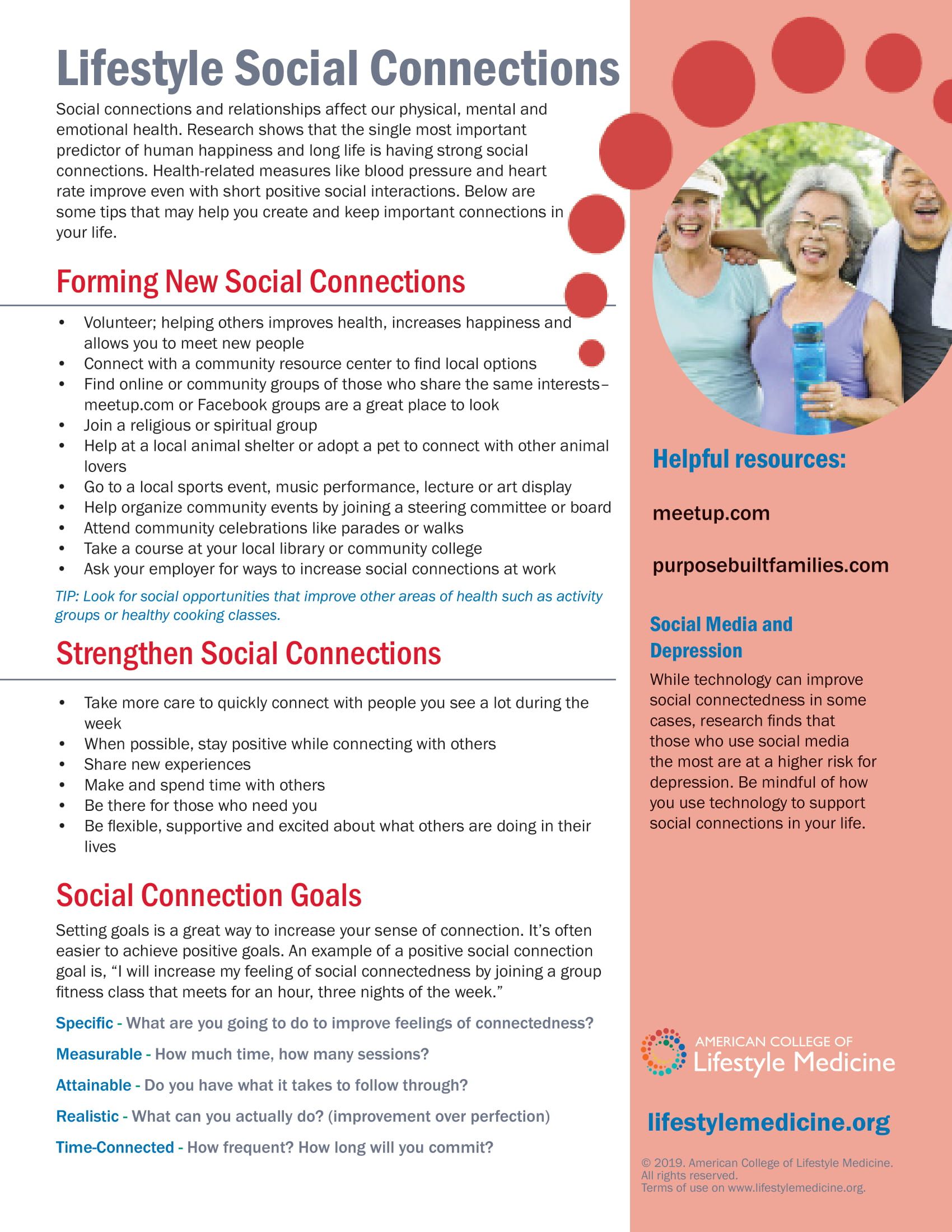 Flyer about social connections, with lists and a photo of smiling people.
