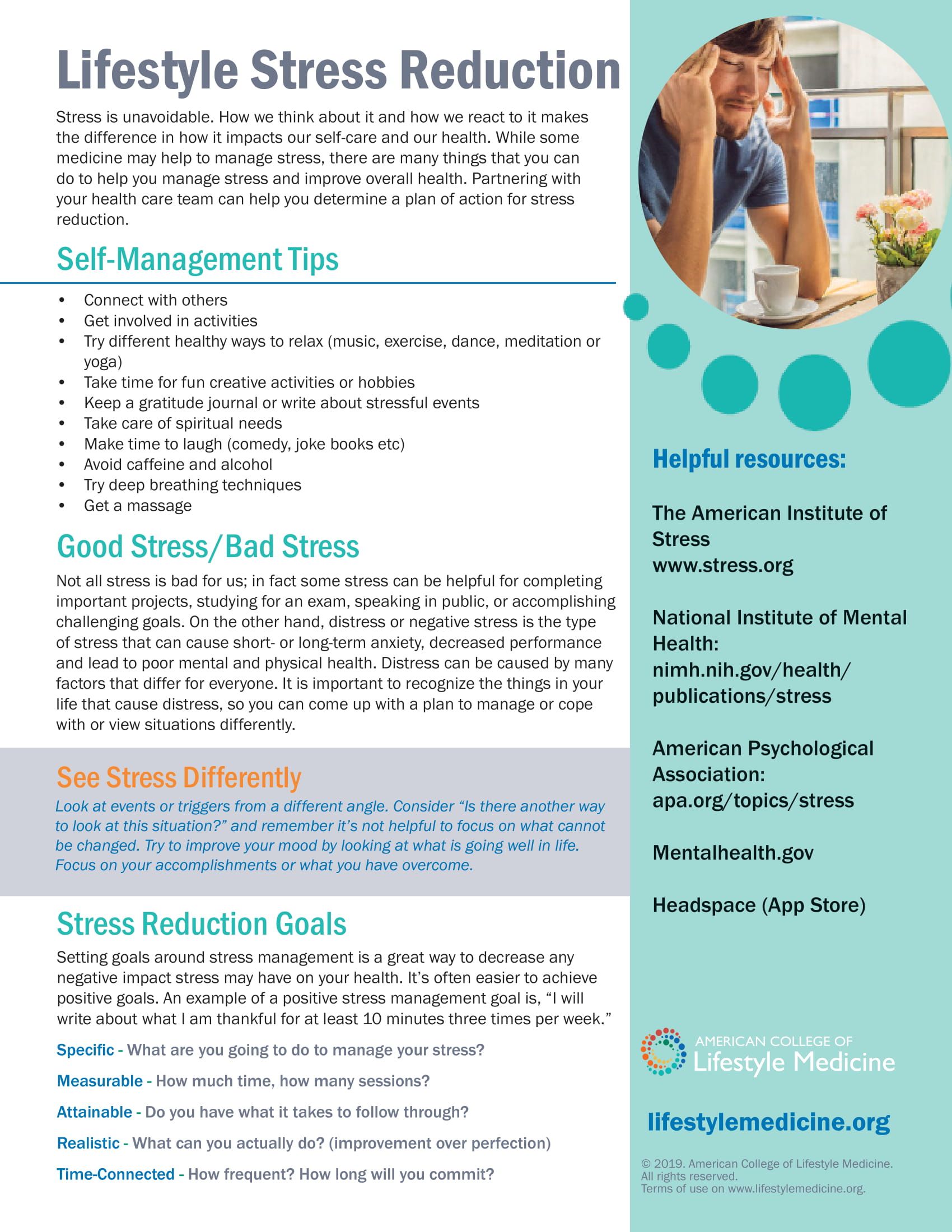 Informative poster on lifestyle stress reduction, with tips, and resources. Man with head in hands pictured.